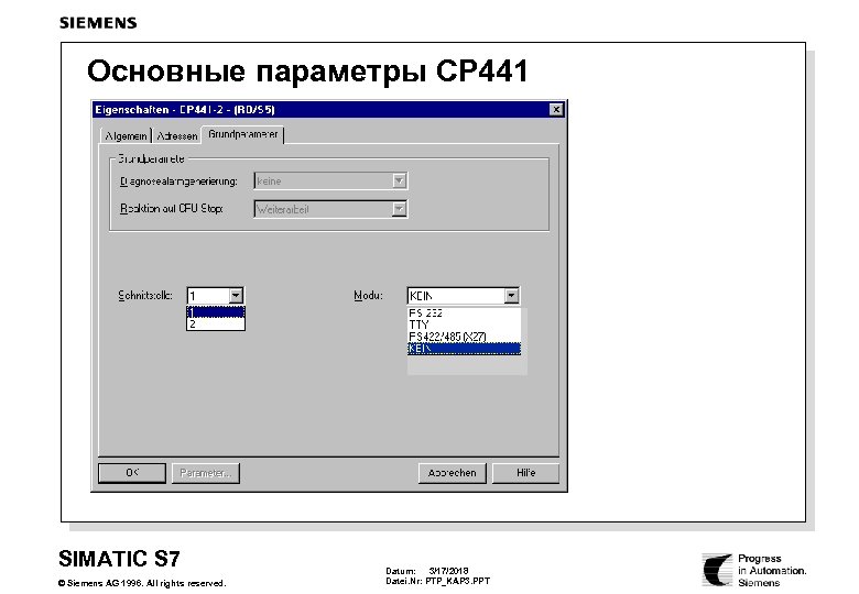 Основные параметры CP 441 SIMATIC S 7 © Siemens AG 1996. All rights reserved.