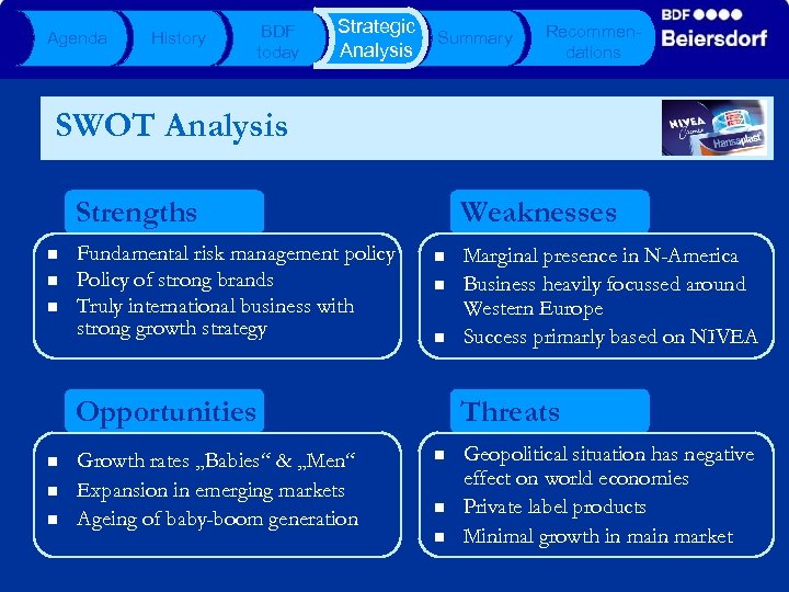 Agenda History BDF today Strategic Analysis Summary Recommendations SWOT Analysis Strengths n n n