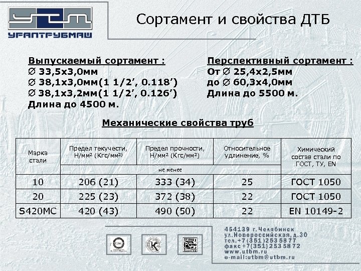 Сортамент и свойства ДТБ Выпускаемый сортамент : 33, 5 х3, 0 мм 38, 1