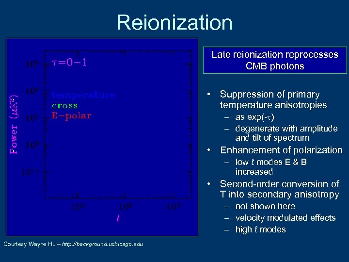 Reionization Late reionization reprocesses CMB photons • Suppression of primary temperature anisotropies – as