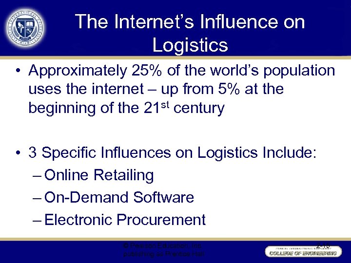 The Internet’s Influence on Logistics • Approximately 25% of the world’s population uses the