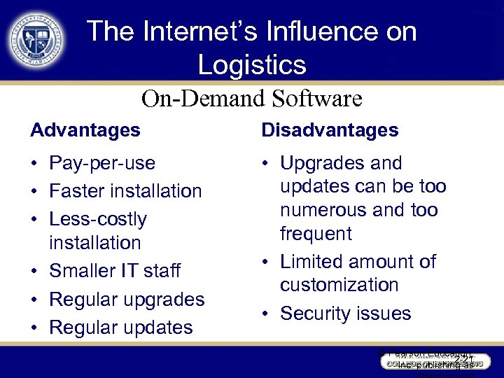 The Internet’s Influence on Logistics On-Demand Software Advantages Disadvantages • Pay-per-use • Faster installation