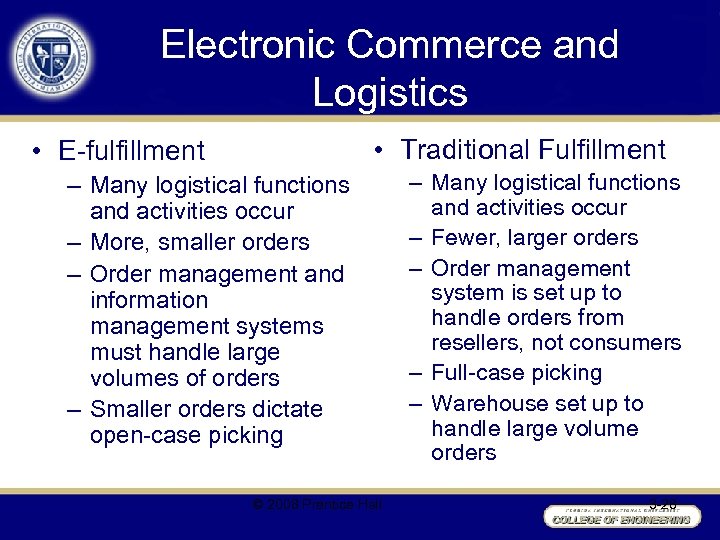 Electronic Commerce and Logistics • Traditional Fulfillment • E-fulfillment – Many logistical functions and