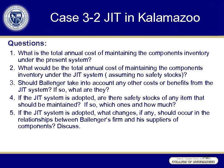 Case 3 -2 JIT in Kalamazoo Questions: 1. What is the total annual cost