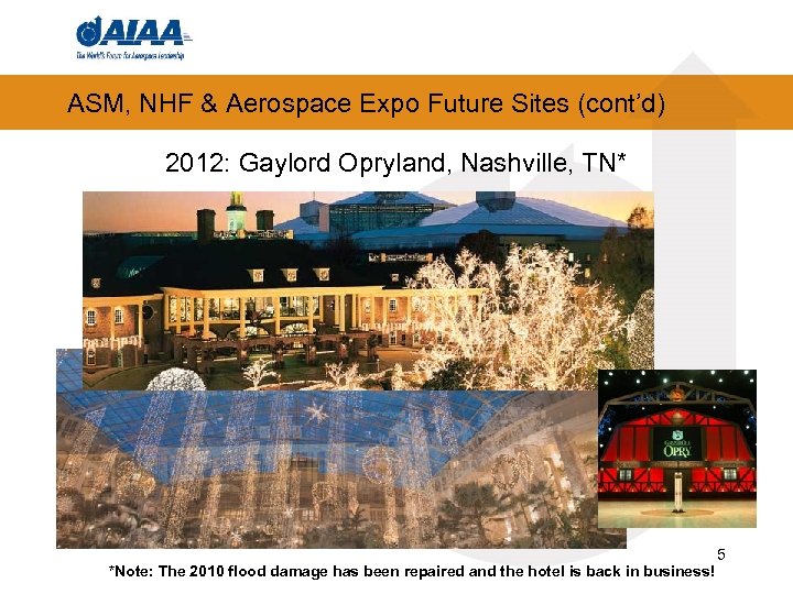 ASM, NHF & Aerospace Expo Future Sites (cont’d) 2012: Gaylord Opryland, Nashville, TN* *Note: