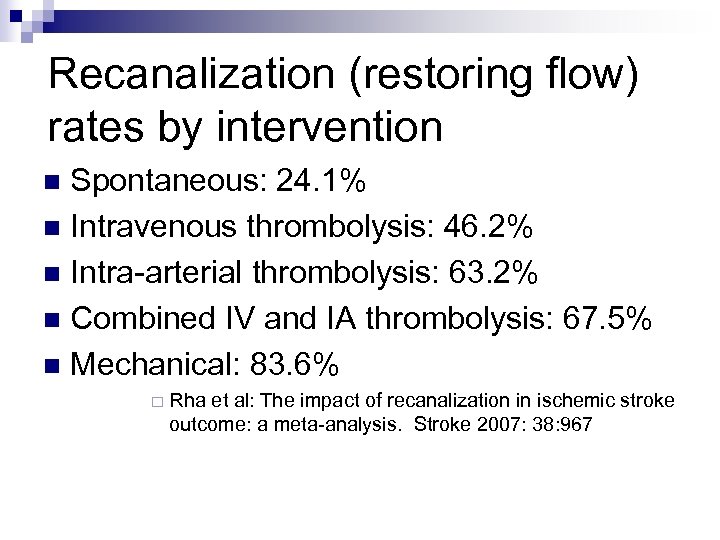 Recanalization (restoring flow) rates by intervention Spontaneous: 24. 1% n Intravenous thrombolysis: 46. 2%