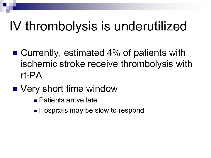 IV thrombolysis is underutilized Currently, estimated 4% of patients with ischemic stroke receive thrombolysis