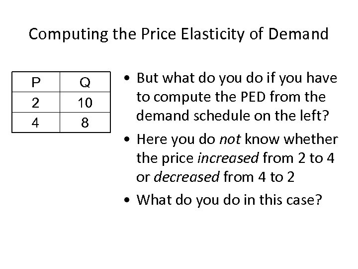 Computing the Price Elasticity of Demand P 2 4 Q 10 8 • But