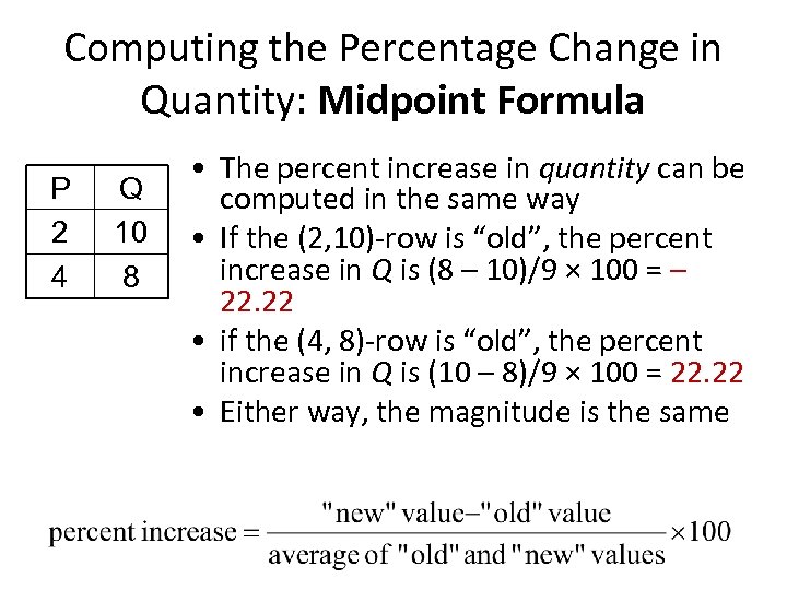 Computing the Percentage Change in Quantity: Midpoint Formula P 2 4 Q 10 8