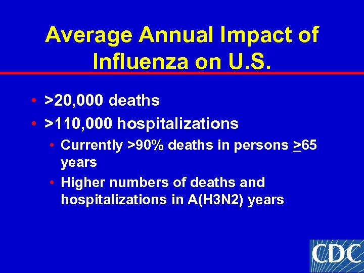 Average Annual Impact of Influenza on U. S. • >20, 000 deaths • >110,