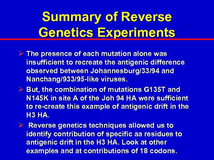 Summary of Reverse Genetics Experiments Ø The presence of each mutation alone was insufficient