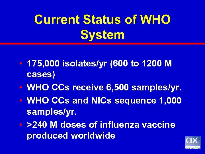 Current Status of WHO System • 175, 000 isolates/yr (600 to 1200 M cases)