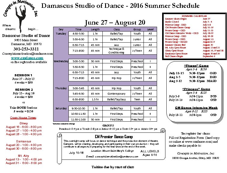Damascus Studio of Dance - 2016 Summer Schedule June 27 – August 20 Where