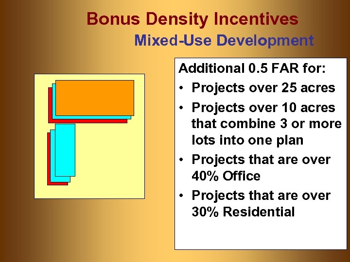 Bonus Density Incentives Mixed-Use Development Additional 0. 5 FAR for: • Projects over 25