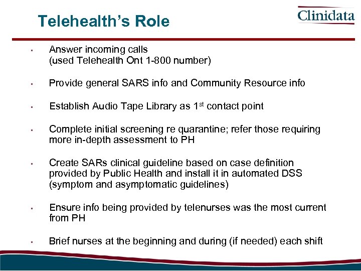 Telehealth’s Role • Answer incoming calls (used Telehealth Ont 1 -800 number) • Provide