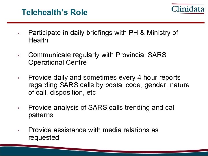 Telehealth’s Role • Participate in daily briefings with PH & Ministry of Health •