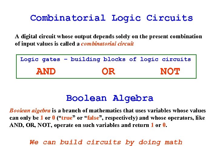 Combinatorial Logic Circuits A digital circuit whose output depends solely on the present combination