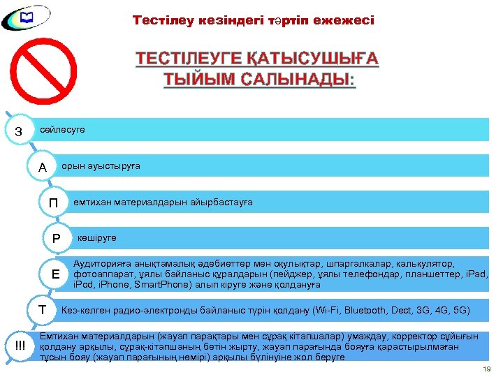 Тестілеу кезіндегі тәртіп ежежесі ТЕСТІЛЕУГЕ ҚАТЫСУШЫҒА ТЫЙЫМ САЛЫНАДЫ: З сөйлесуге орын ауыстыруға А П