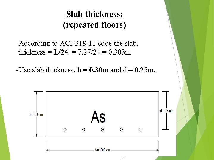 Slab thickness: (repeated floors) -According to ACI-318 -11 code the slab, thickness = L/24