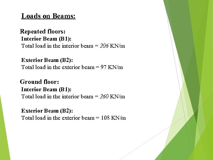 Loads on Beams: Repeated floors: Interior Beam (B 1): Total load in the interior