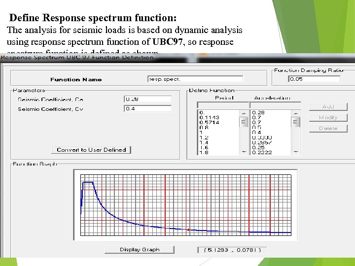 Define Response spectrum function: The analysis for seismic loads is based on dynamic analysis