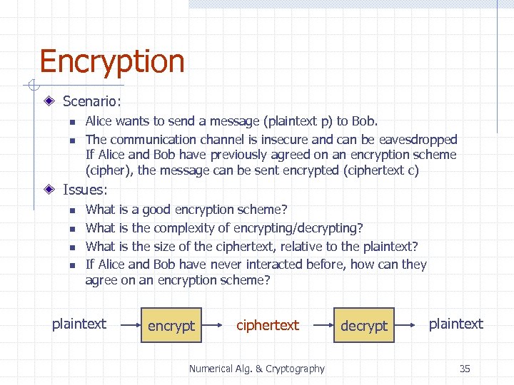 Encryption Scenario: n n Alice wants to send a message (plaintext p) to Bob.
