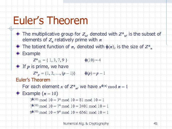 Euler’s Theorem The multiplicative group for Zn, denoted with Z*n, is the subset of