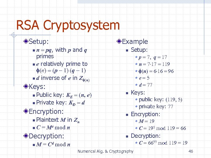 RSA Cryptosystem Setup: Example n = pq, with p and q primes n e