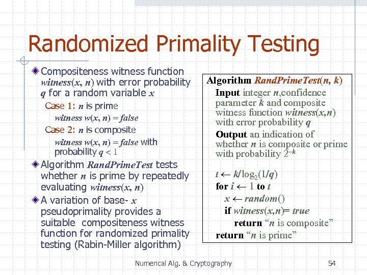 Randomized Primality Testing Compositeness witness function witness(x, n) with error probability q for a