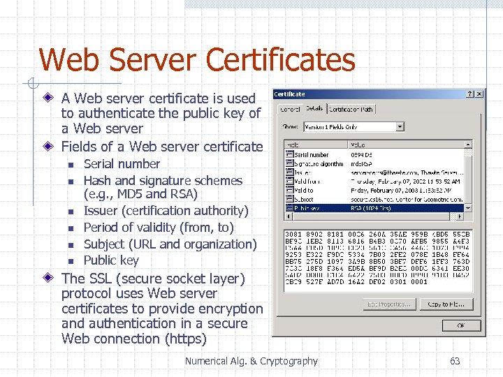 Web Server Certificates A Web server certificate is used to authenticate the public key