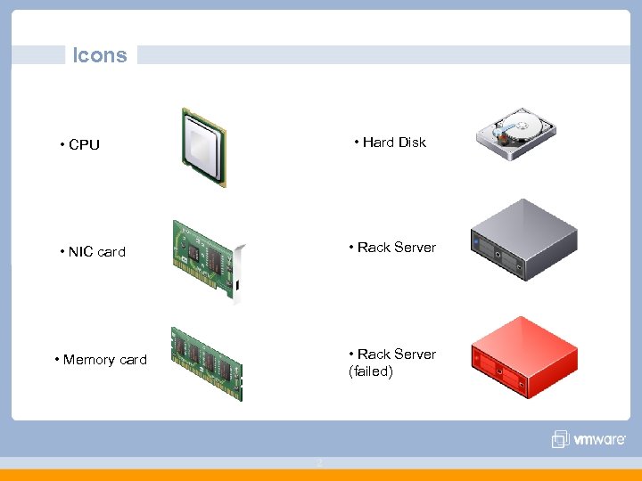 Icons • Hard Disk • CPU • Rack Server • NIC card • Rack