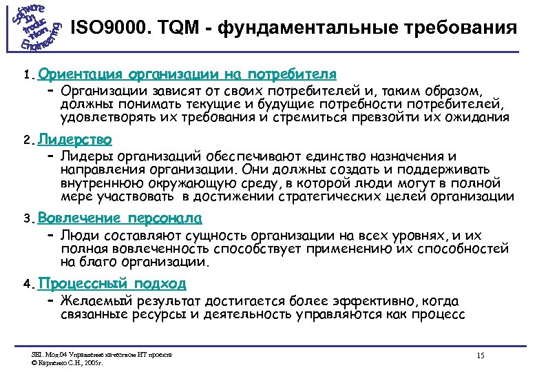 ISO 9000. TQM - фундаментальные требования 1. Ориентация организации на потребителя – Организации зависят
