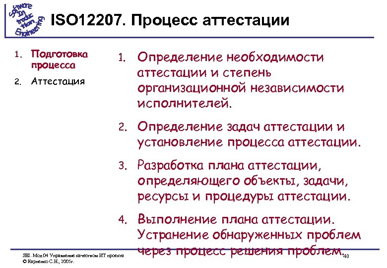 ISO 12207. Процесс аттестации 1. Подготовка процесса 2. Аттестация 1. Определение необходимости аттестации и