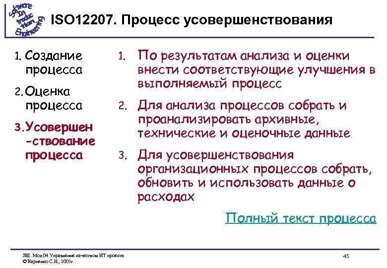 ISO 12207. Процесс усовершенствования 1. Создание процесса 2. Оценка процесса 1. По результатам анализа