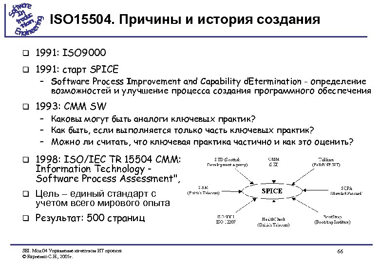 ISO 15504. Причины и история создания q 1991: ISO 9000 q 1991: старт SPICE