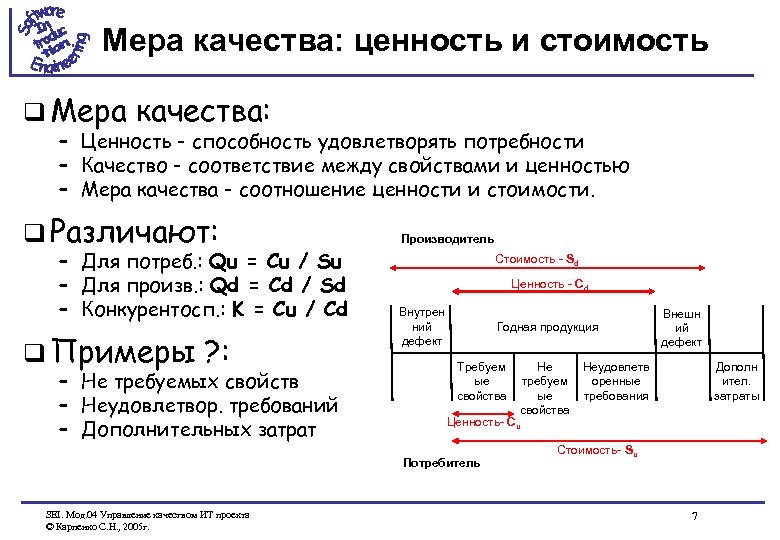 Мера качества: ценность и стоимость q Мера качества: – Ценность - способность удовлетворять потребности