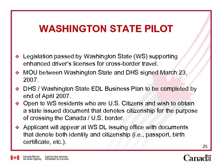 WASHINGTON STATE PILOT v v v Legislation passed by Washington State (WS) supporting enhanced
