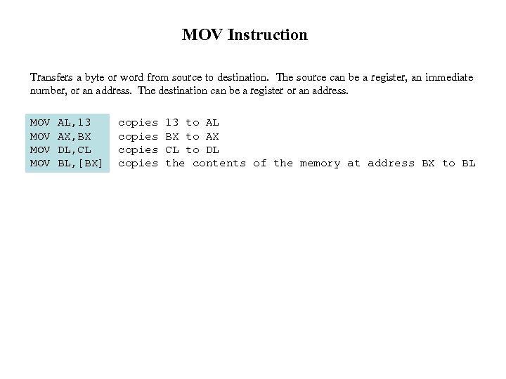 MOV Instruction Transfers a byte or word from source to destination. The source can