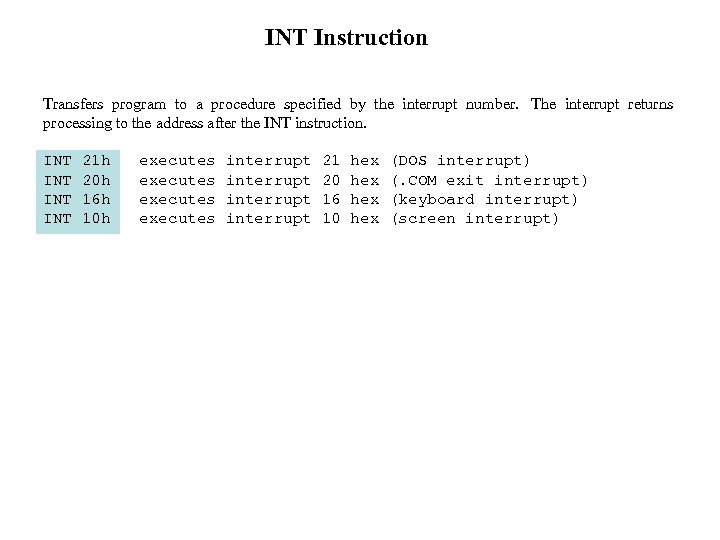 INT Instruction Transfers program to a procedure specified by the interrupt number. The interrupt