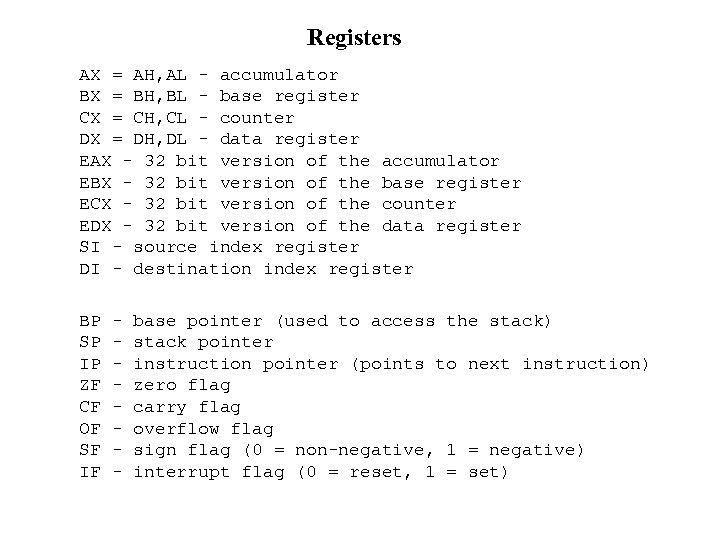 Registers AX = AH, AL - accumulator BX = BH, BL - base register