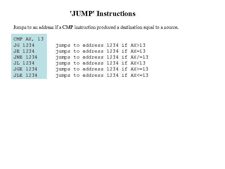 'JUMP' Instructions Jumps to an address if a CMP instruction produced a destination equal