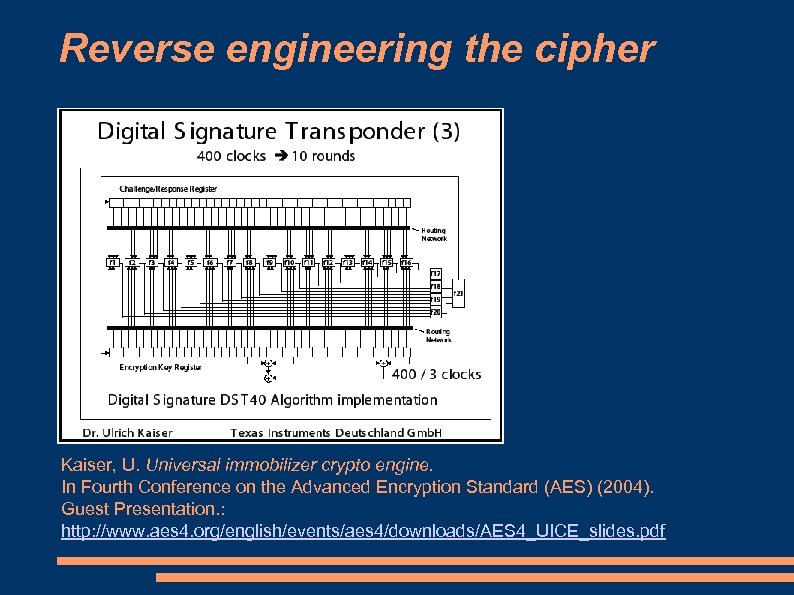 Reverse engineering the cipher Kaiser, U. Universal immobilizer crypto engine. In Fourth Conference on
