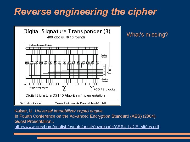Reverse engineering the cipher What's missing? Kaiser, U. Universal immobilizer crypto engine. In Fourth