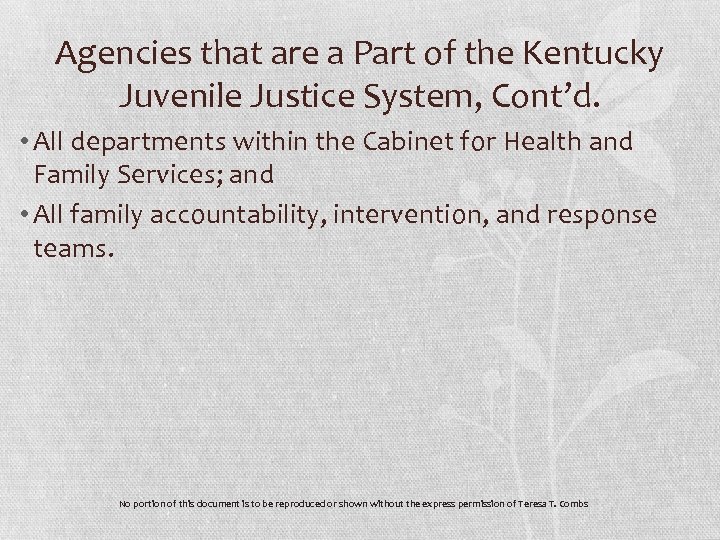 Agencies that are a Part of the Kentucky Juvenile Justice System, Cont’d. • All