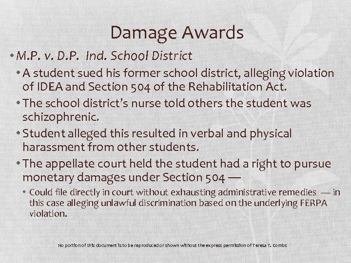 Damage Awards • M. P. v. D. P. Ind. School District • A student