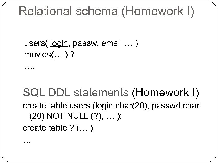Relational schema (Homework I) users( login, passw, email … ) movies(… ) ? ….