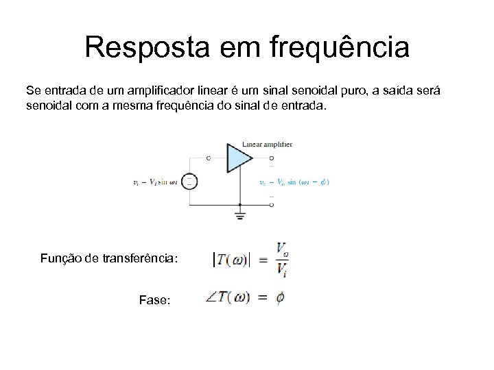 Resposta em frequência Se entrada de um amplificador linear é um sinal senoidal puro,