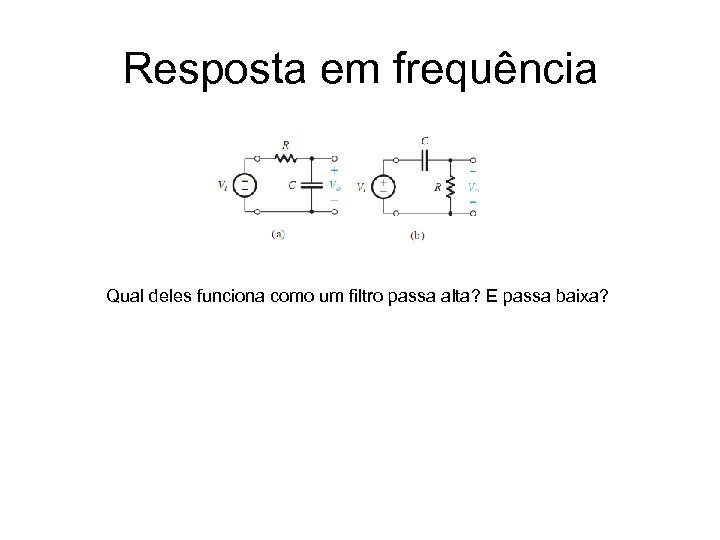 Resposta em frequência Qual deles funciona como um filtro passa alta? E passa baixa?