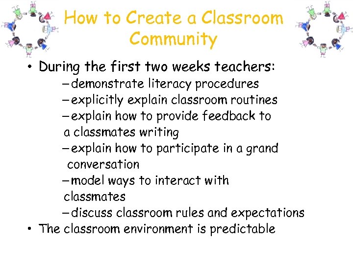 How to Create a Classroom Community • During the first two weeks teachers: –