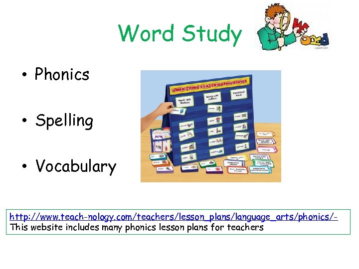 Word Study • Phonics • Spelling • Vocabulary http: //www. teach-nology. com/teachers/lesson_plans/language_arts/phonics/This website includes